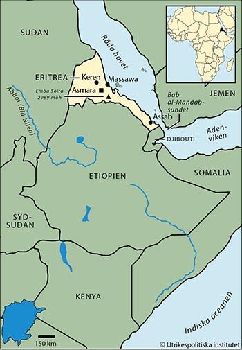 Yta 121 144 km2 (2017) Tid svensk +2 timmar Angränsande land/länder Sudan, Etiopien, Djibouti Huvudstad med antal invånare Asmara 664 000 (uppskattning 2010) Övriga större städer Assab 95 000, Keren