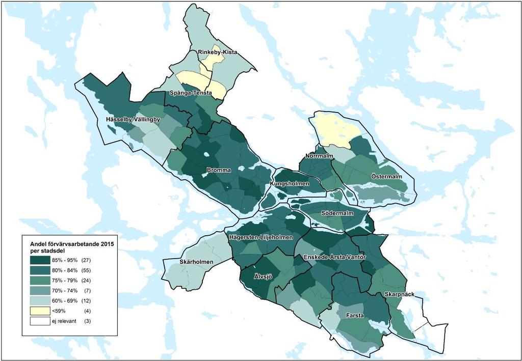 De områdena med lägst förvärvsfrekvens återfinns i stadens ytterkanter. Den lägsta förvärvsfrekvensen finner man i Universitetet (Östermalm) med 44 procent.