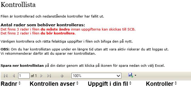 Sida 6(6) Exempel på kontrollista Om det står du måste ändra i kontrollistan kommer inte uppgifterna kunna skickas till SCB förrän uppgifterna i Excelblanketten är rättade.