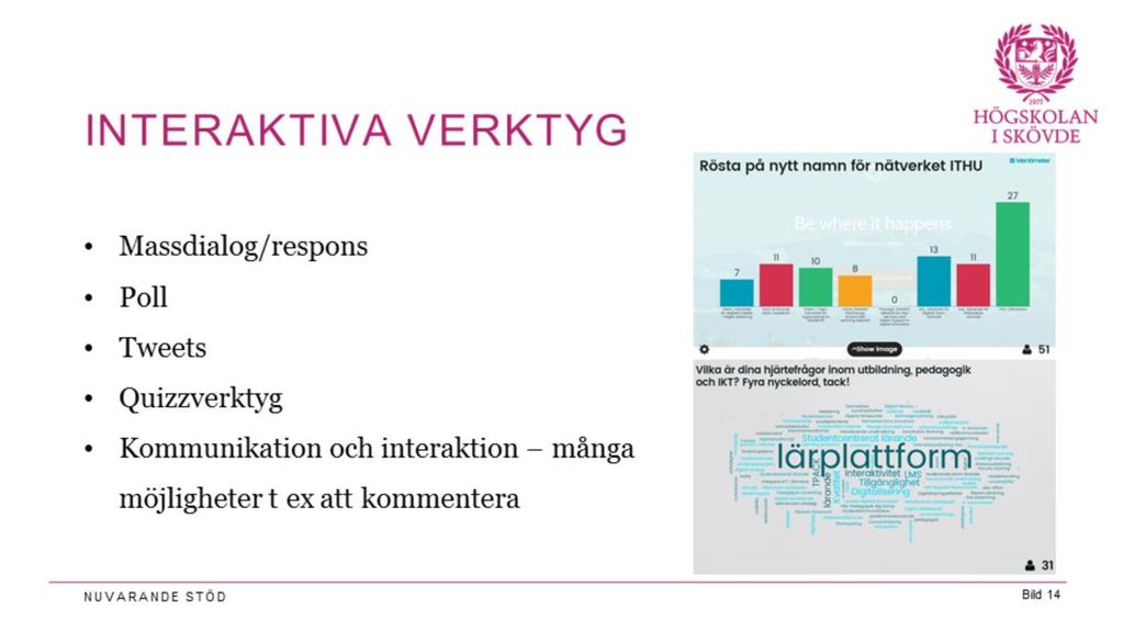 En annan digitaliseringsvinst: Interaktiva verktyg för att ta in respons Poll rösta Tweets kan ge dialog om deltagarna lär sig tagga på rätt sätt Quizz är bra för att låta