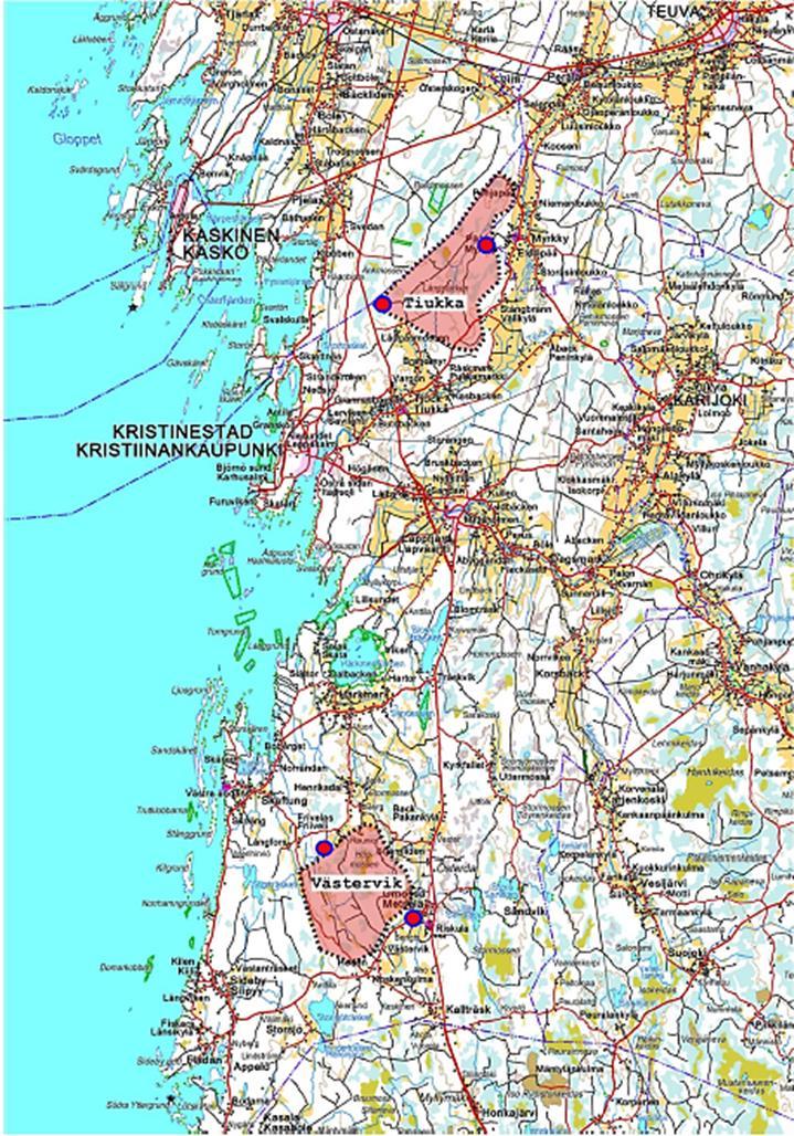 Figur 75: Projektområdena Kristinestad Norr och Västervik samt huvudsakliga observationspunkter. 14.5.3 Nulägesbeskrivning Projektområdets skogar utgörs främst av skötta ekonomiskogar och det finns rikligt med kalhyggesytor i området.