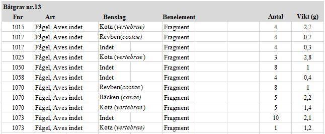 Tabell 1. Sammanställning av benslag som är identifierade som fågel. Fnr=Fyndnummer, (g)=gram. 4.2.