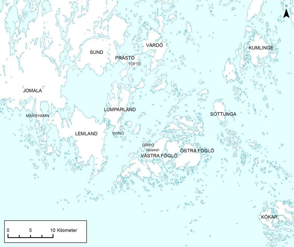 Figur 1.1 Översikt över östra skärgården. Rött område visar läget för projekt Västra Föglö. Läget för övriga delprojekt som är under utredning, Östra Föglö och Prästösund, visas också. 1.2 Områdesbeskrivning Föglö består av ett flertal tätt belägna större öar som är avskilda från varandra med smala sund.