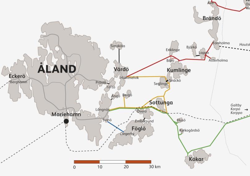 1.3 Färjesystemet i skärgården Dagens färjesystem Skärgårdstrafiken utgörs av ett linjenät med färjor som länkar ihop skärgården med fasta Åland och Åbolands skärgård, se kartan i Figur 1.