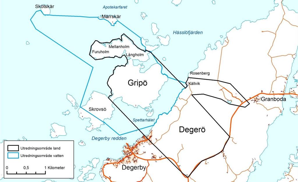 färjfäste på Långholmen/Gripö, samt delar av Degerö, se Figur 2.1. Figur 2.1. Utredningsområde för projekt västra Föglö.
