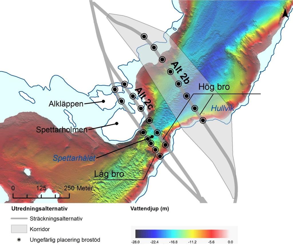 2c- Södra broläget Anläggningsskede Byggandet av en hög eller låg bro över Spettarhålet medför likvärdiga effekter på vattenkvalitet och undervattensbuller som beskrivet för alternativ 2a-2b.