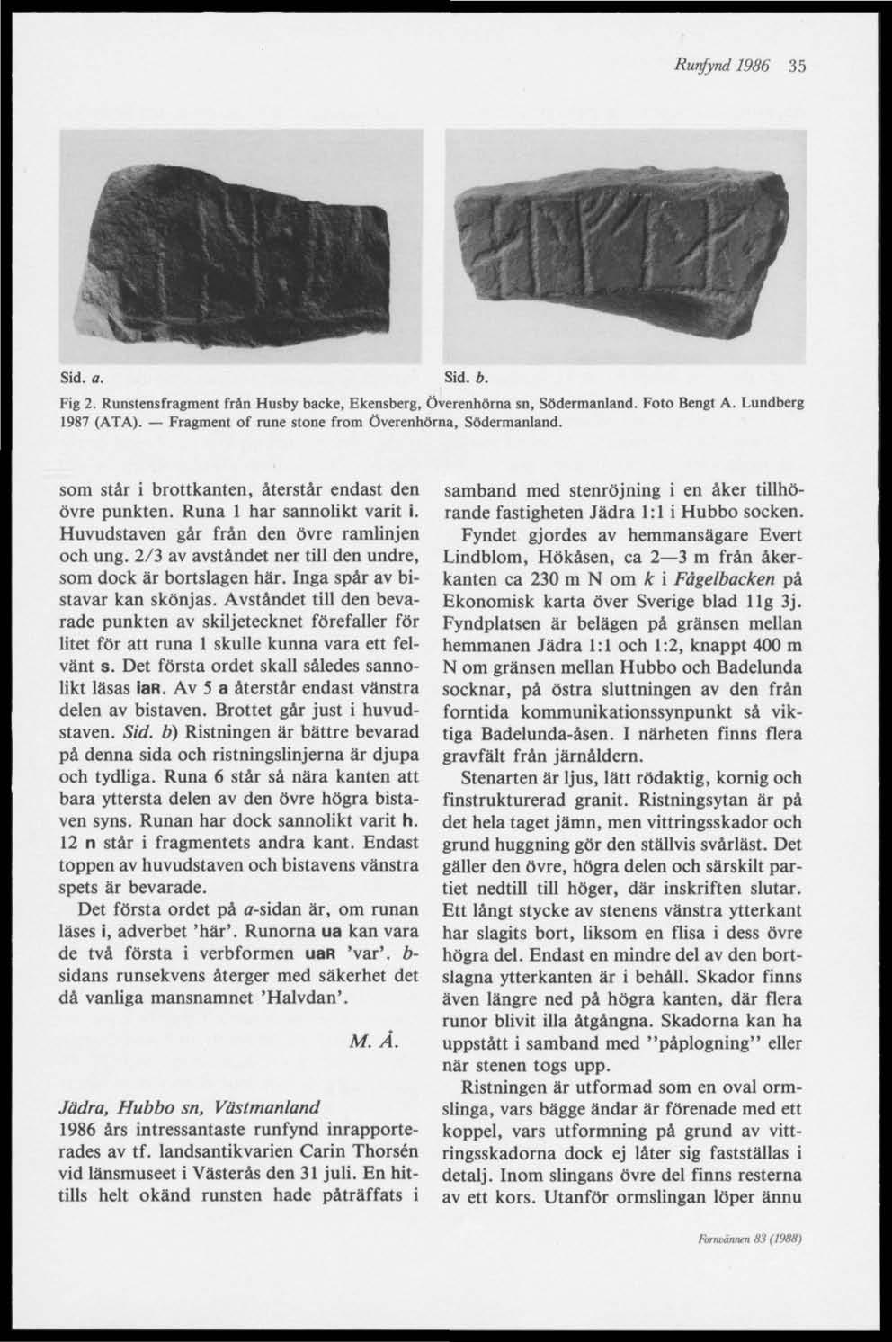 Runfynd 1986 35 Sid. a. Sid. b. Fig 2. Runstensfragment från Husby backe, Ekensberg, Överenhörna sn, Södermanland. Foto Bengt A. Lundberg 1987 (ATA).