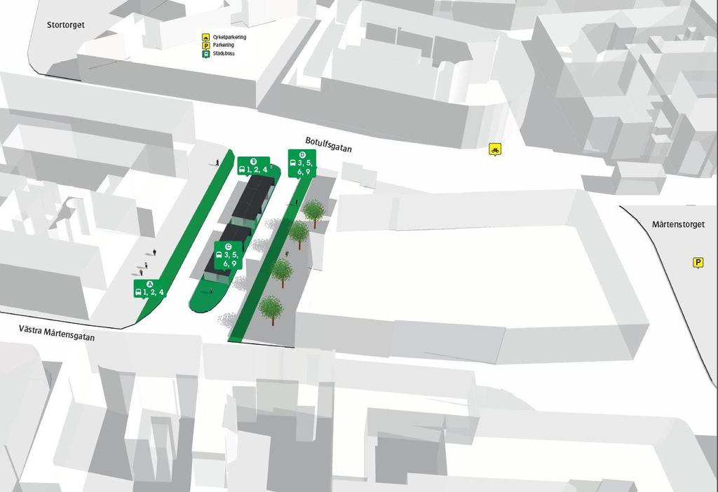 Hållplatsläge B trafikeras av linje 1 mot Östra Torn, Linje 2 mot Annehem och linje 4 mot Norra Fäladen.