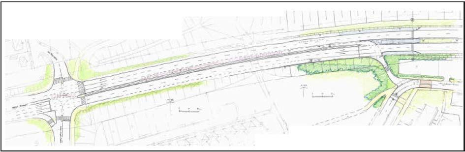 Figur 2 Rekommenderat förslag enligt Tyréns rapport från 2004. Förslaget enligt Figur 2 innehåller följande kännetecken: Bussöppning mellan Möllevångsvägen och Norra ringen i enfiligt utförande.