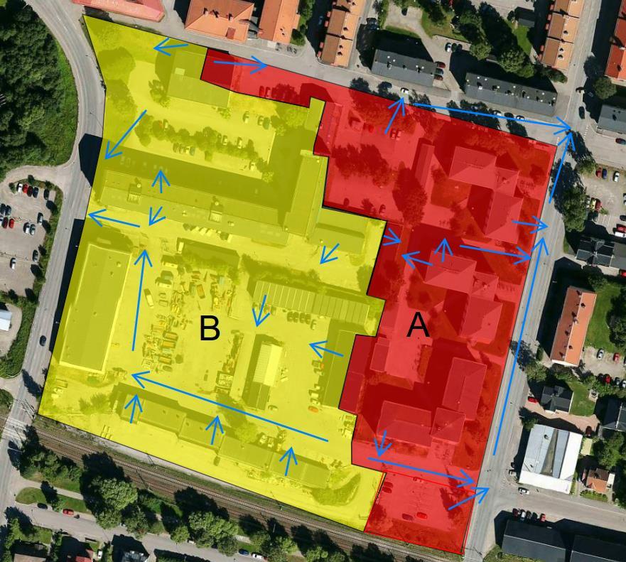 Figur 2 Fördelning av delområden baserat på ytvattenavrinning för studieområdet, på delområde A (i rött) och B (i gult). De blå pilarna visar hur ytavrinning sker.