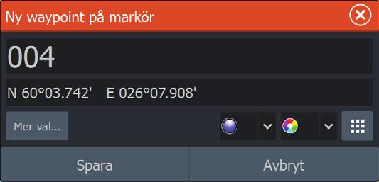 Waypoints Skapa en ny waypoint: välj alternativet för ny waypoint i menyn Obs! När markören är inaktiv placeras waypointen vid fartygets position.