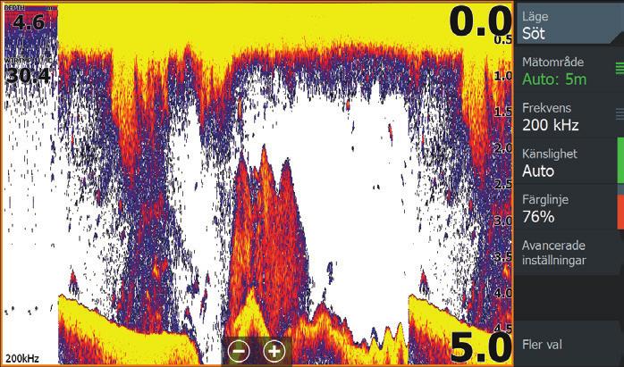 Inställningen för mätområde avgör vilket vattendjup som ska visas på skärmen Enheten har stöd för flera givarfrekvenser.