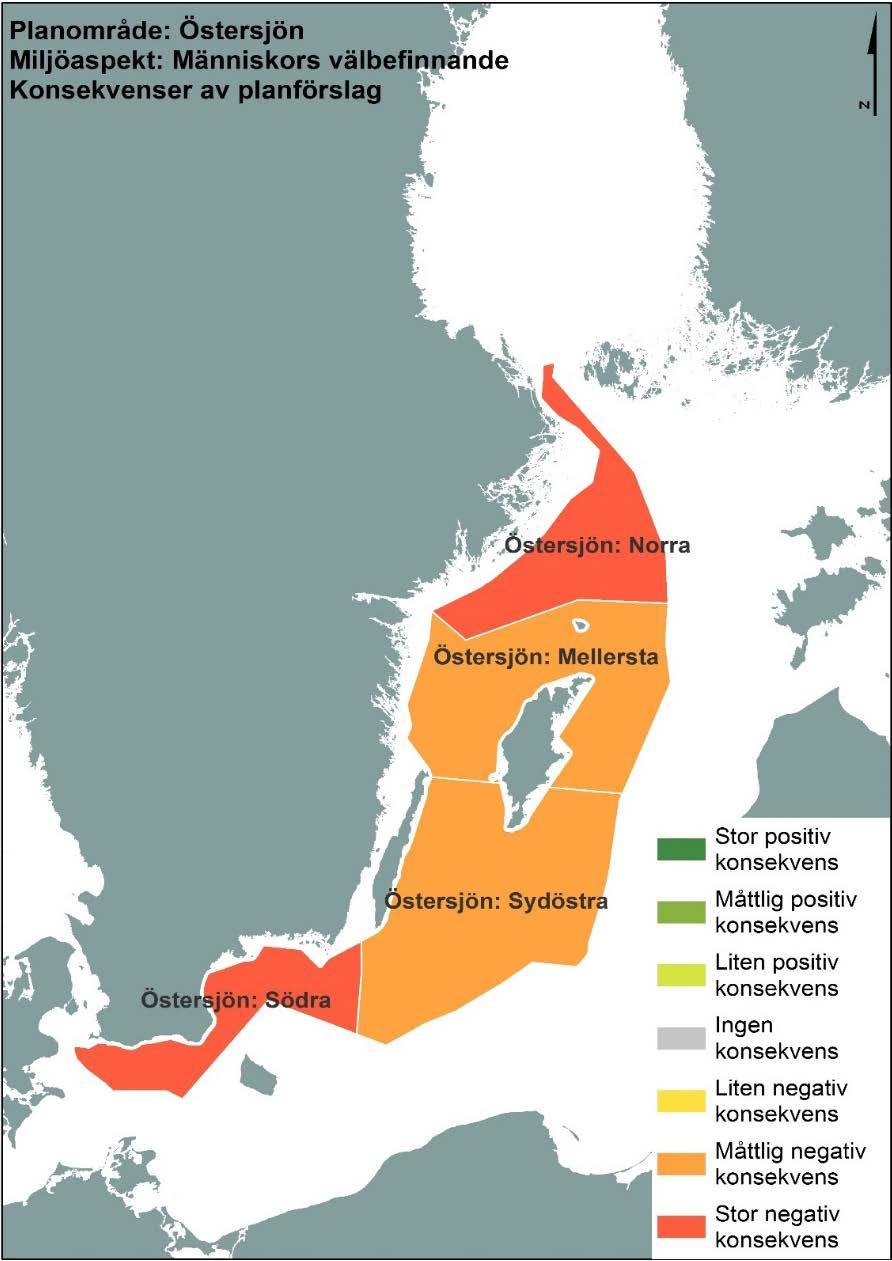 Figur 24. Konsekvenser per delområde med havsplanen för miljöaspekten människors välbefinnande, lägst värde styr. 7.6.