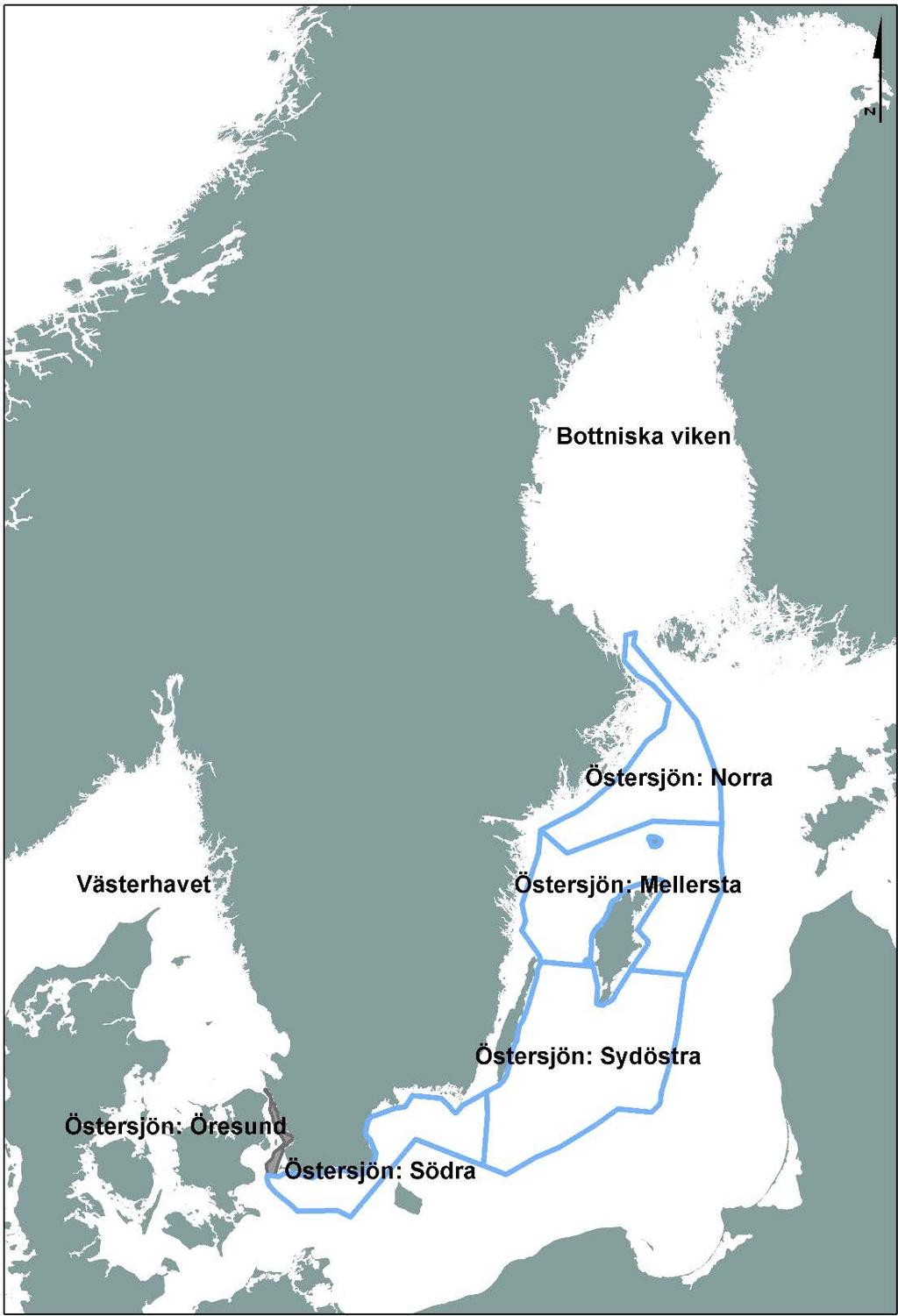 Figur 4. Karta över de fem delområdena i havsplanen för Östersjön. Öresund är gråmarkerat och ingår inte i föreliggande MKB.