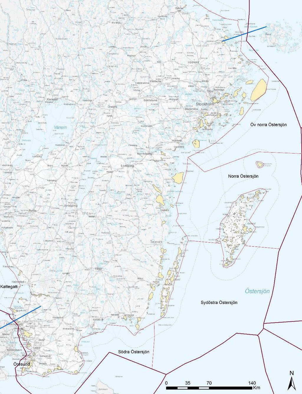 Figur 12. Riksintresseområden för kulturmiljö (3 kap. 6 miljöbalken), markerat i gult, i Östersjöns havsplaneområde. Blått streck markerar planområdesgräns.