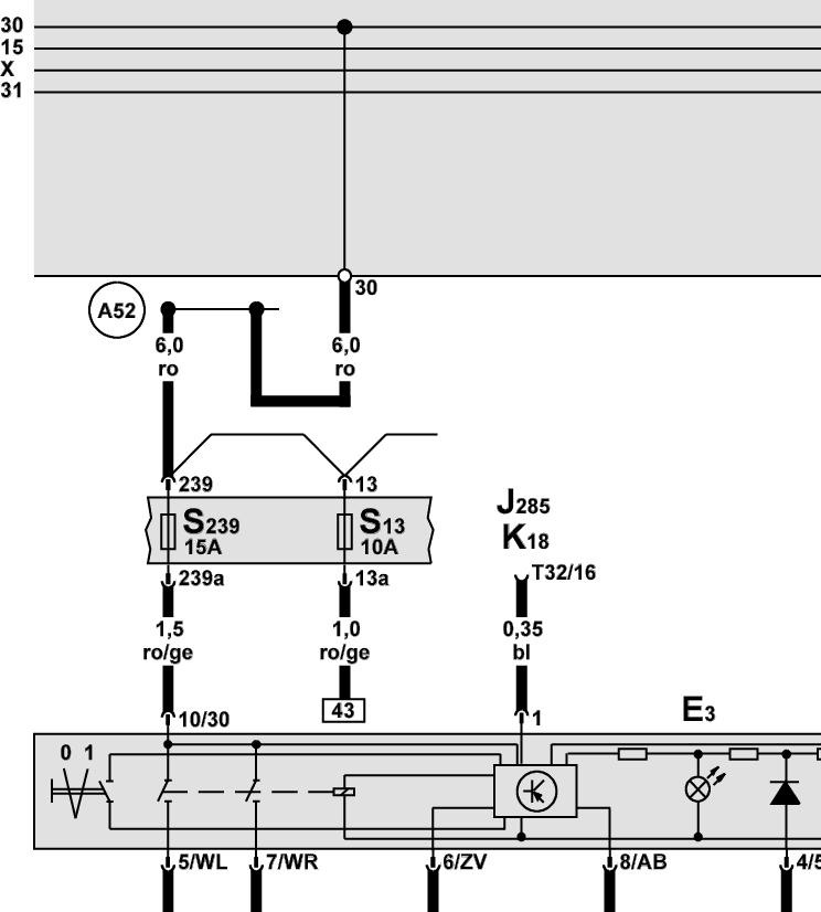 Audi A6 Kretsschema Nr 18 / 2 Blinkvisaromkopplare, strömställare för varningsblinkljus E2 - blinkvisaromkopplare E3 - strömställare för varningsblinkljus J234 - styrdon för airbag J285 - styrdon med