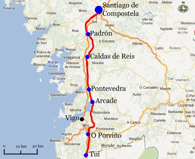 Längs leden Caldas de Reis - Padrón Dag 7 Padrón Santiago de Compostela Den sista sträckan in till slutmålet Santiago de Compostela är en varierande dags vandring, både på stigar och längs vägar.