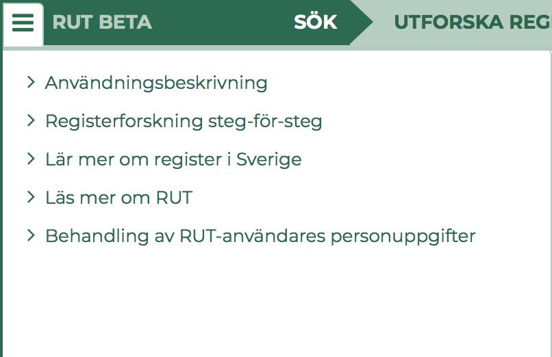 FUNKTIONER I SIDHUVUDET I sidhuvudet på RUT finns några stödfunktioner. Bland annat finns en Hjälp-funktion och länkar till mer information om RUT.