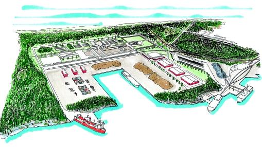 En idéskiss av hur djupförvarets ovanjordsanläggning skulle kunna utformas i Hargshamn ges i figur 6-10. Figuren visar en framtidsbild av hamnen och hur ovanjordsdelen kan inkluderas i denna.