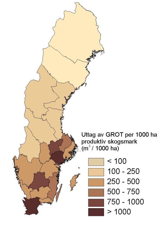 Figure 2. Outtake of branches and needles (years 2007-2009) from the different counties in percentage of the total. Data are from Skogsstatistisk Årsbok.