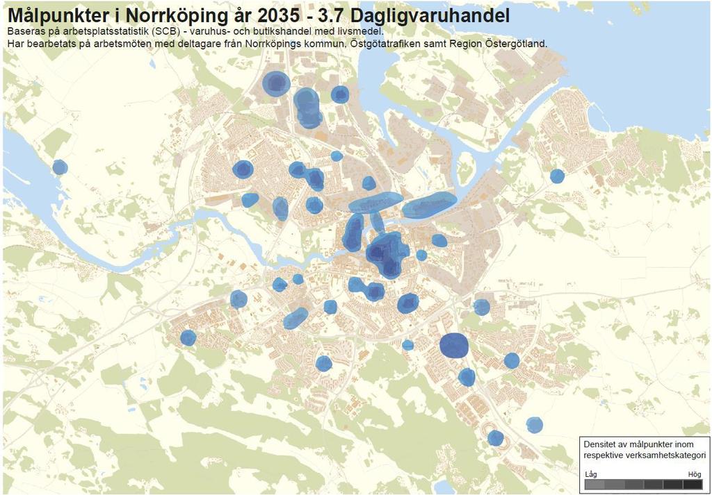 15 (30) Nuvarande starka målpunkter i innerstaden, Ingelsta och Hageby centrum fortsätter vara starka år 2035. Se spridningen av målpunkter för dagligvaruhandel i figuren nedan.