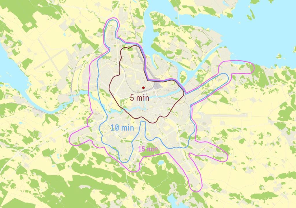 I figur 13 och 14 ser man hur långt man hinner i stadstrafiken med dagens kollektivtrafik jämfört med det föreslagna framtida linjenätet år 2035.