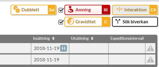 Under interaktioner ser du de interaktioner som är aktuella för patientens läkemedelslista.