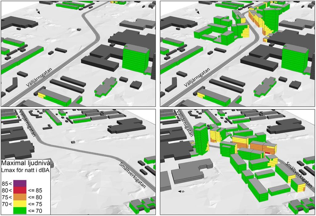 I Figur 4 redovisas maximal ljudnivå vid fasad i 3D-vyer.