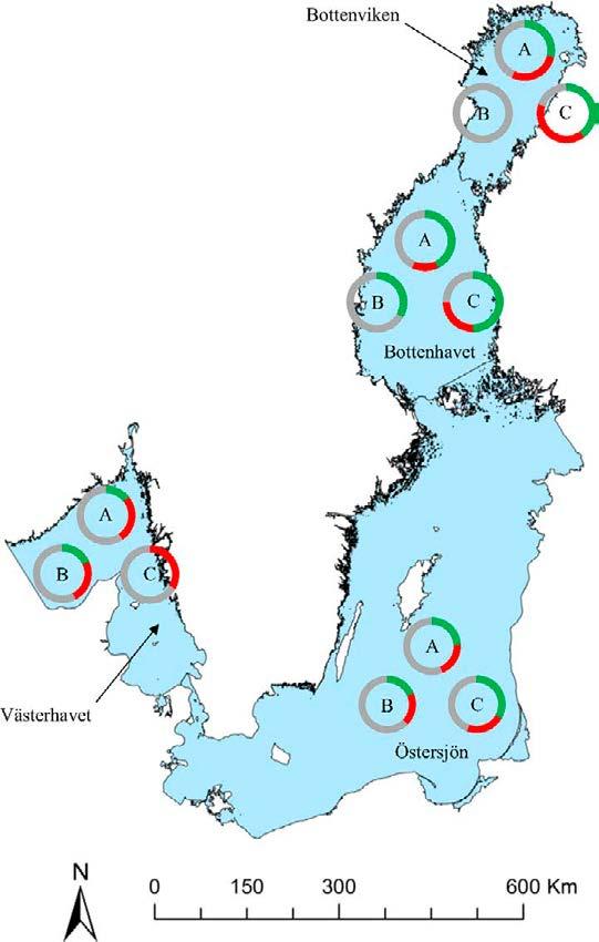Geografiskt fördelade resultat för 2016 visar att andelen är högst i Bottenhavet och Bottenviken, och lägst i Västerhavet (se figur 10.5). Figur 10.