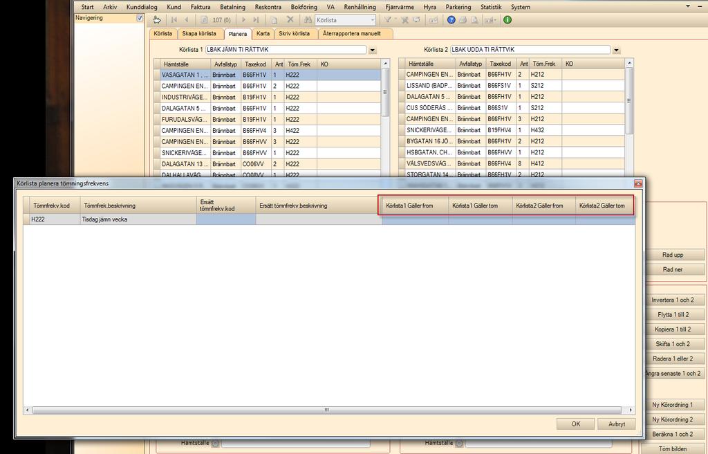 45419 ärende 59808 Renhållning > Körlista Det finns nu fyra nya fält i fönstret som öppnas vid val Flytta 1 till 2 eller Kopiera 1 till 2 under Renhållning->Körlista:Planera.