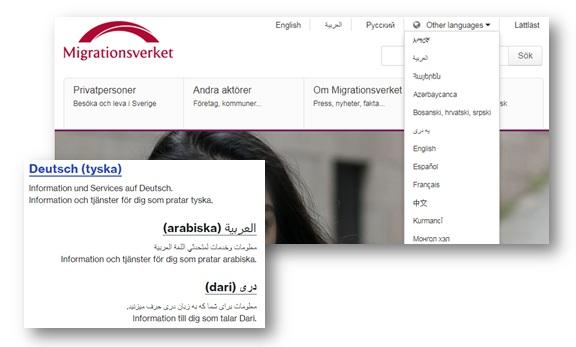 Webbutveckling Sida 45 / Migrationsverket har översatt delar av sin webbplats till ett flertal olika språk. I sidhuvudet markeras detta med en jordglob och texten Other Languages efter.