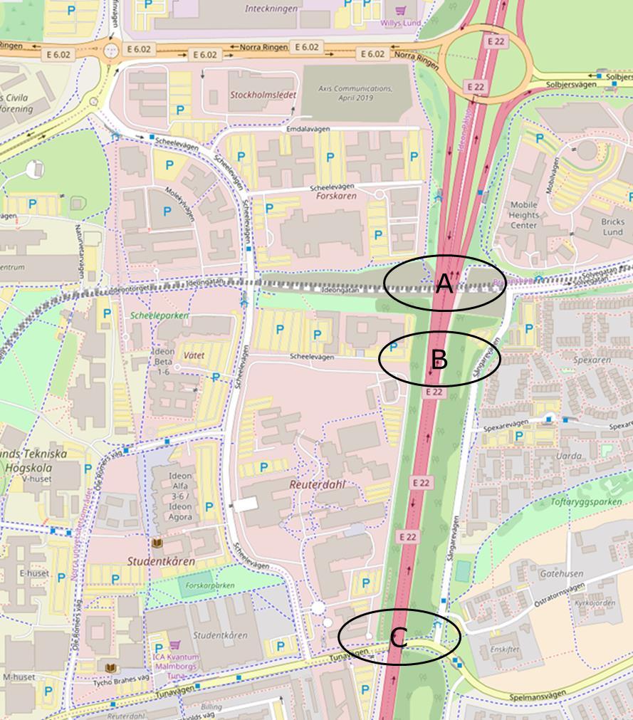 Figur 2 De tre studerade lägena för en ny trafikplats i samrådsunderlaget.