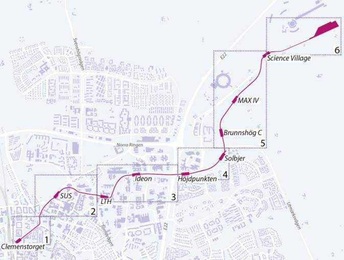Spårväg Lunds kommun bygger ut en spårväg från Lund C till ESS. Spårvägen byggstartades år 2017 och trafikstart är planerad till år 2020, se Figur 17. Figur 17. Sträckning för spårvägslinje Lund C ESS.
