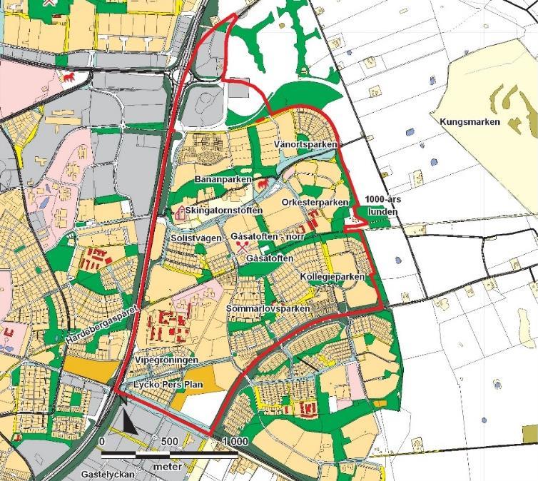 Figur 31 Översikt av dagens situation avseende grönytor kring trafikplats Ideon. Utredningsområdet = röd streckad linje.