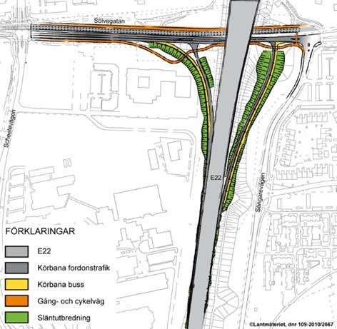 Figur 36 Bortvalt alternativ läge A - Sölvegatan Bortvalt alternativ C innebar en påfarts- och en avfartsramp från söder till