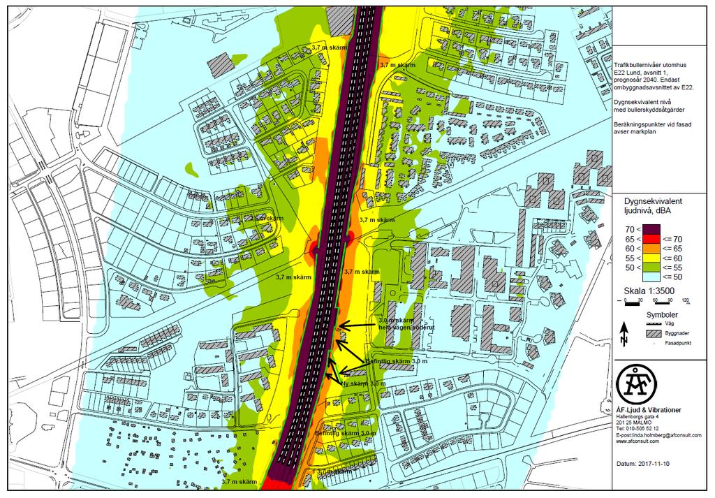 Figur 39 Trafikbullernivåer utomhus prognosår 2040 (södra