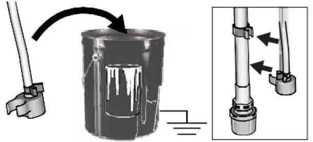 Release the trigger and lock it. 4. Move the return hose to the paint bucket and clip it to the suction hose. Note: When the motor stops, the painter sprayer is ready to paint.