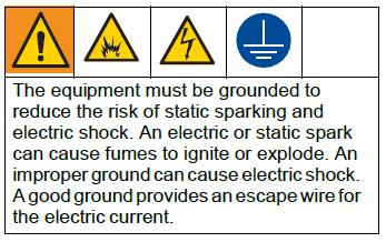 Instructions regarding earth connections and static electricity (for oil-based materials) The equipment must have an earth connection to reduce the risk of static sparking and electric shock.