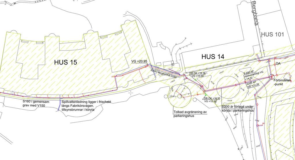 repo001.docx 2012-03-2914 En detaljkarta visas nedan i Figur 3. Längs huskroppen i Fabrikörsvägen ligger S160 och V150 i gemensam ledningsgrav enligt relationsritning (VA52_02_001 hus 15).