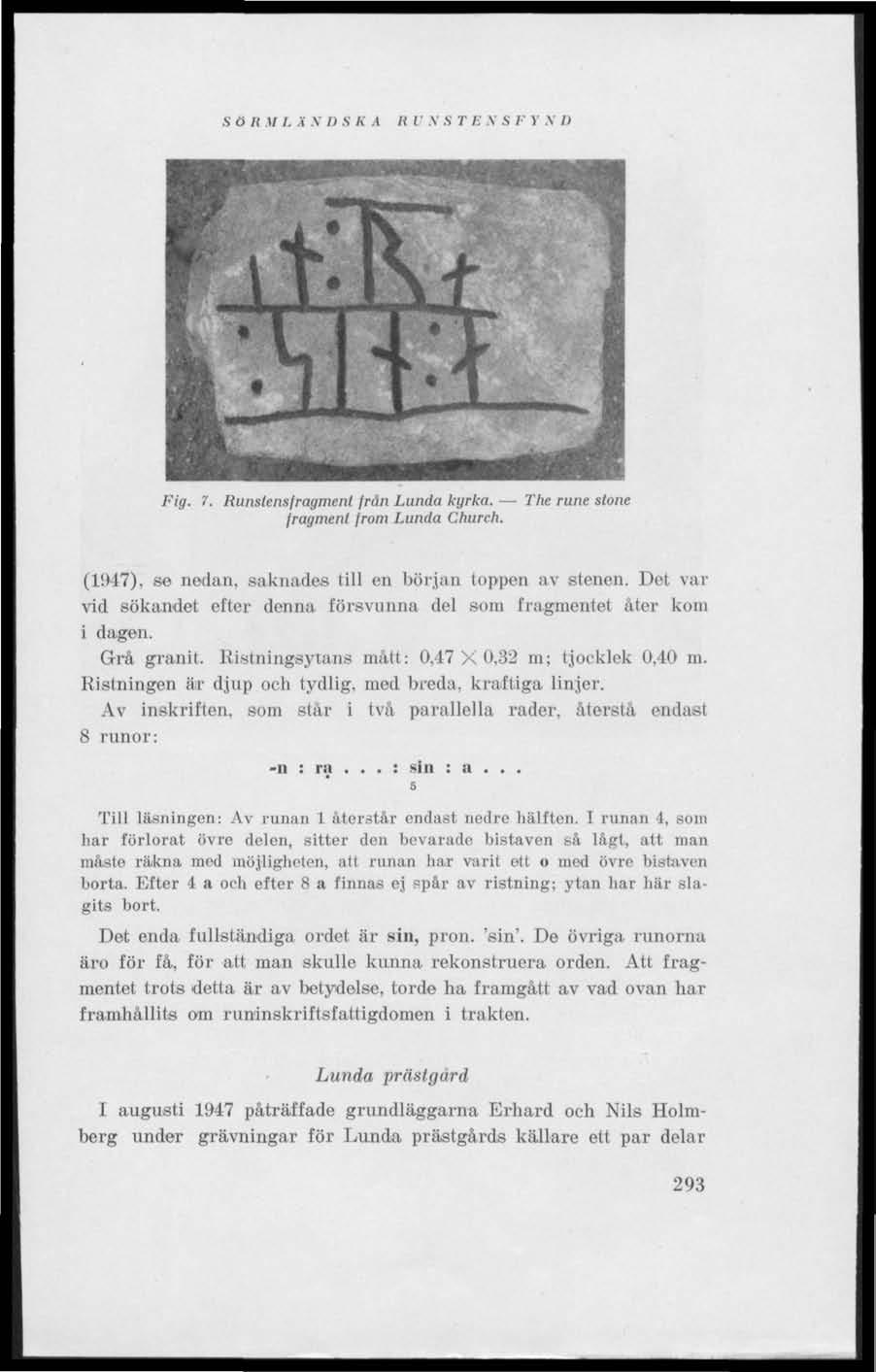 S ö /( 1/ /. V V /) S K A Ii V V S T Ii V S F V.V II Fig. 7. Runstensfragment frän Lunda kyrka. The rune stone fragment from Lunda Church. (1947), se nedan, saknades till en början loppen av stenen.