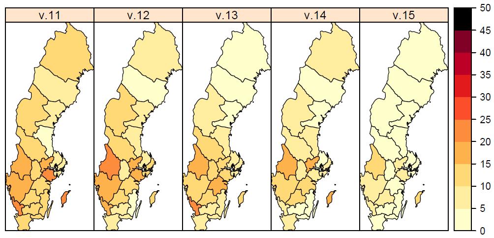 Figur 2. Antal laboratorieverifierade influensafall (alla typer) per län och 100 000 invånare.