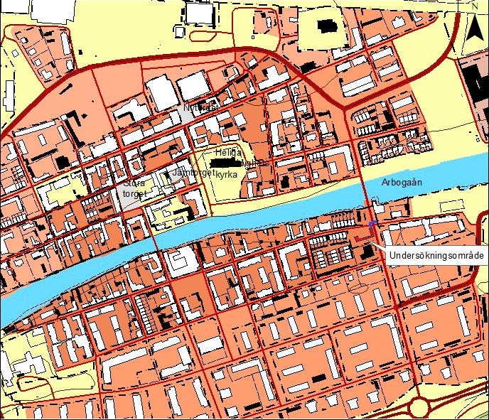 Arkeologgruppen AB rapport 2017:70 Figur 5. Fastighetskartan över Arboga med den aktuella undersökningsplatsen kvarteret Söder 1:1 och Herrgårdsgatan markerad med rött och blått.