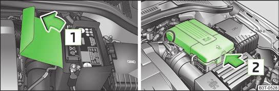 Batterilock Kontrollera batterisyranivån Bild 163 Bilbatteri: Syranivåindikering Bild 162 Motorrum: Bilbatteriets polyesterkåpa/bilbatteriets plastkåpa Ls och beakta först den inledande informationen