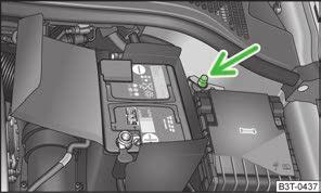 Starthjlp vid fordon med START-STOPP-systemet Bild 179 Starthjlp - START-STOPP-system Anslut minuspolen på det strömgivande batteriet till en massiv metalldel, fast förbunden med motorblocket, eller