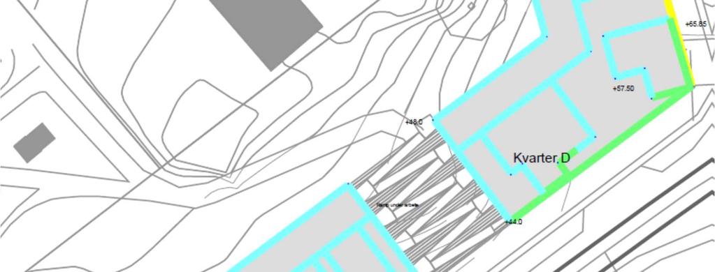 Kvarterets norra delar med fasad mot Granängsvägen får över 60 dba vid fasad.