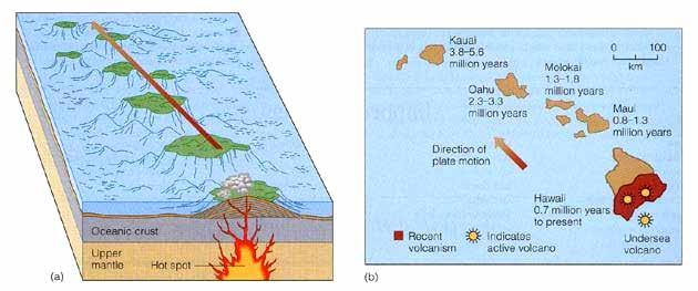 Hawaii bilda ovanför en hetfläck Det uppvärmda materialet väller som magma genom sprickor i plattan upp på havsbottnen och bildar en undervattensvulkan.