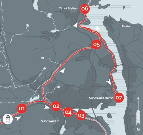 Figur 7. Komplicerad trafikering för tåg på väg till och från Sundsvalls hamn. Källa och karta: Sundsvalls kommun (2017). Sundsvalls roll i transportsystemet, sid 6.