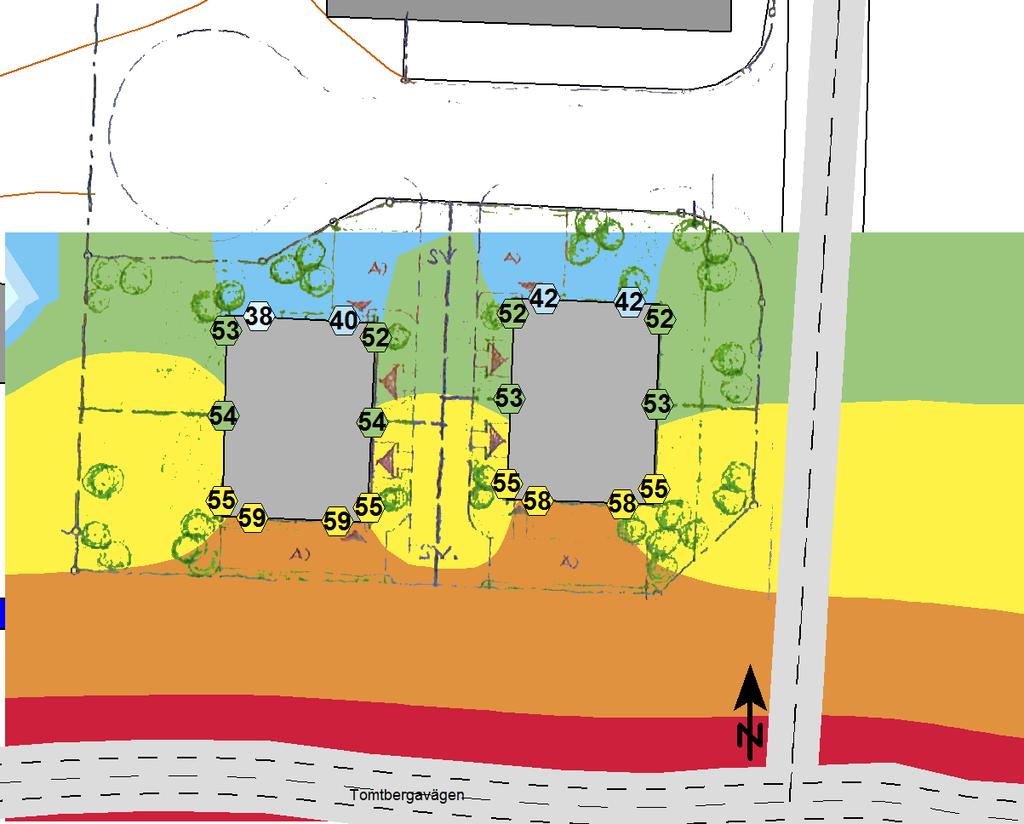 5 Resultat Beräkningar av ekvivalent och maximal ljudnivå för nulägestrafik har genomförts med den planerade bebyggelsen inlagd.