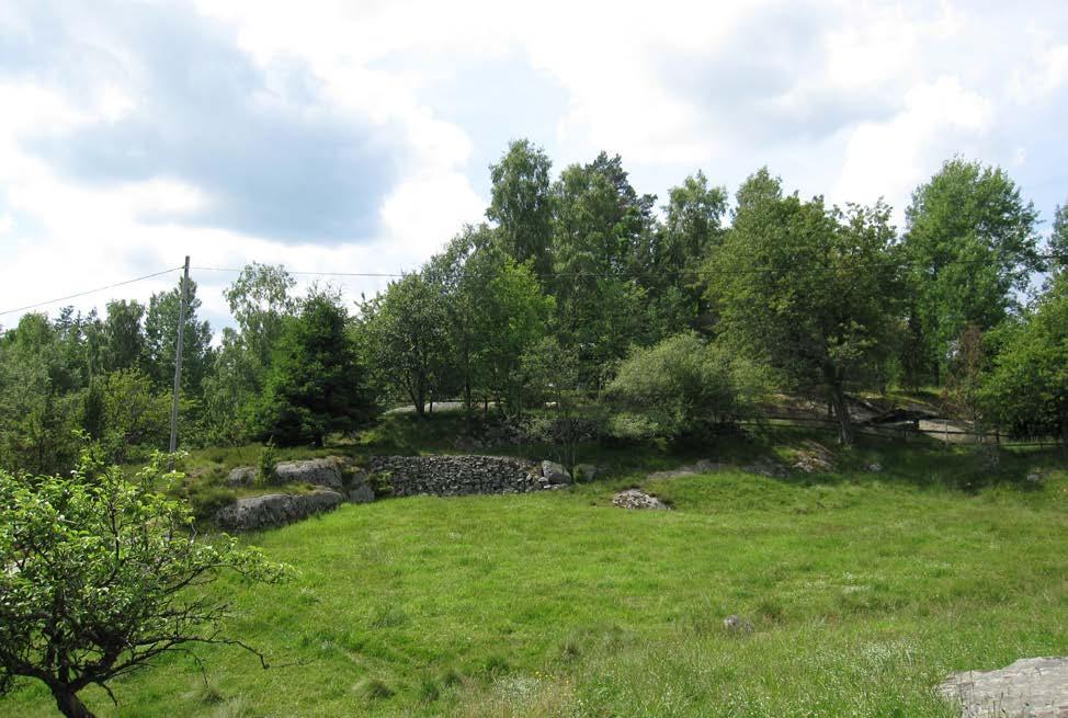 kraftig mur som markerar gränsen till Älvsborgs läns skogsallmänning.