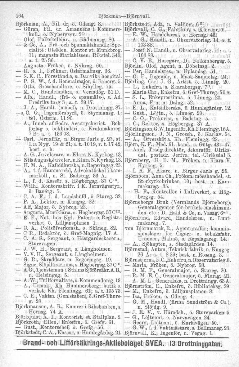 164 BjörkruauiBjörnvall. Björkman, A., Fil. dr, ö. Odeug. 8.. Björkstedt,,Ada, n, V~lliJ)g'I.() u~.().rle : c),l1 Göran, FiL dr. Amanuens i Kommers Björkvall. C. G., JFabriköt,1 S" Klevegr)~6. koll.